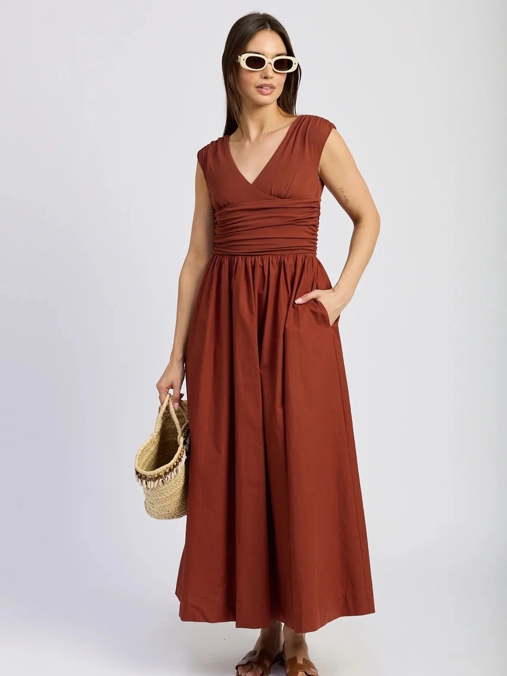 En Saison Emma Rust Brown Orange V-Neck Ruched Mixed-Media Midi Dress Small Fall